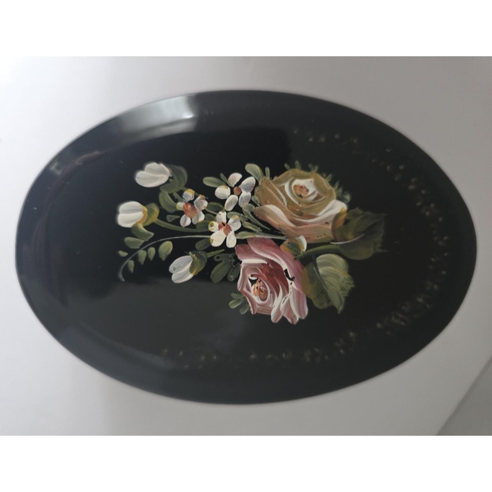 Vintage Portugal Hand Painted Black Ceramic Floral Trinket Box Art Pottery 32